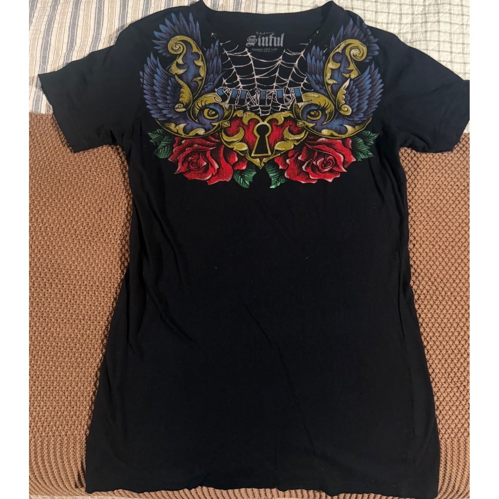 Sinful by Affliction Womens XL Black Graphic T-Shirt Wings Roses Heart Y2K USA